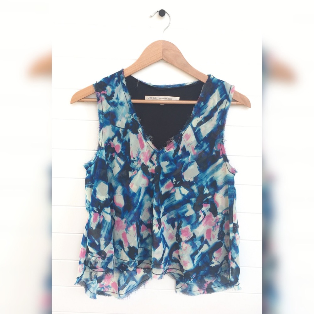 RACHEL Rachel Roy Abstract Watercolor Paint Raw Edge V-Neck Sleeveless Blouse